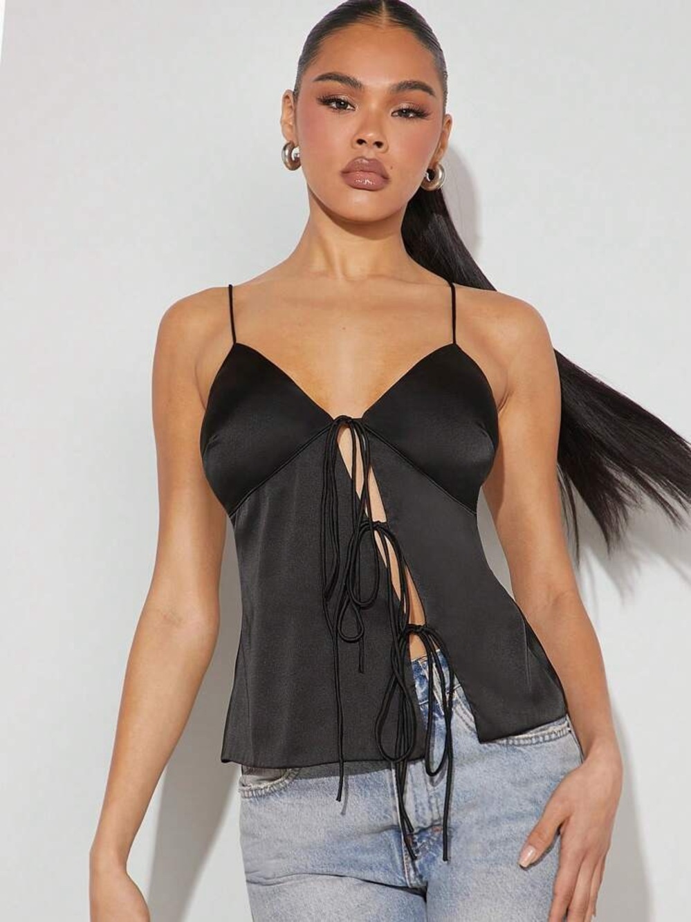 Black Tie-Front Satin Cami Top size medium